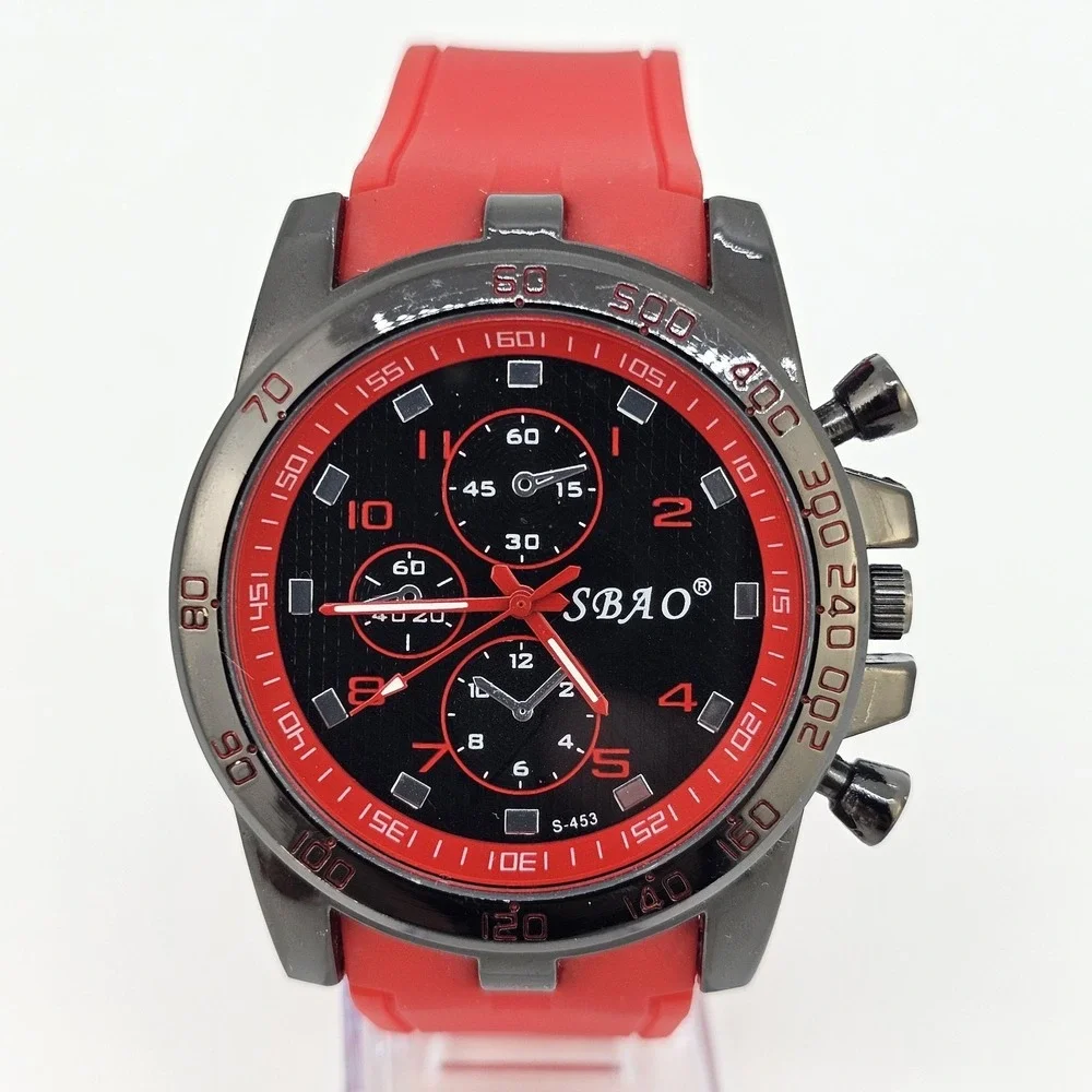 Men's Analog Watch 45MM Black Dial Red Plastic Bands New Battery